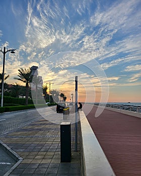 Palm Jumeirah morning view with clear sky with clouds