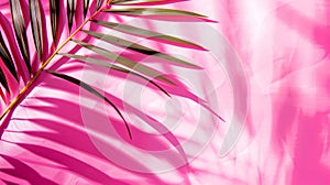 Palm leaf casting a shadow on a textured vibrant pink wall. Tropical plant against vivid backdrop. Bright summer