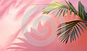 Palm leaf casting a shadow on a textured vibrant pink wall. Tropical plant against vivid backdrop. Bright summer