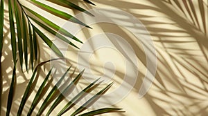 Palm leaf and its shadow on a textured wall