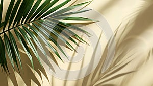 Palm leaf with shadow on a beige wall