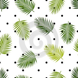 Palm leaf silhouettes and polka dot seamless pattern. Tropical leaves.