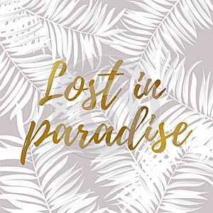 Palm leaf white color. Lost in paradise . Web banner or poster for e-commerce, on-line cosmetics shop, fashion beauty