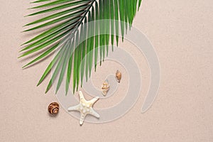 Palm leaves artificial, starfish and seashells. Beige craft paper background. Travel and vacation concept. Top view