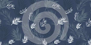 Palm leaves background, tropical fashion summer floral vector seamless repeat pattern in blue, navy and grey colour