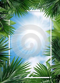 Palm leaves on blue sky background with sun rays.