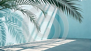 Palm leaves cast dappled shadows on a light blue wall and floor