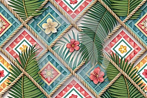 Palm Leaves 3D Seamless Pattern. Geometric Modern Background. Repeat Colorful Abstract Backdrop. Floral Ornament. Textured Vector photo