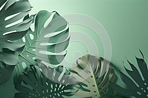 Palm leaves different shades of green on the light green background. copy space, Generative AI