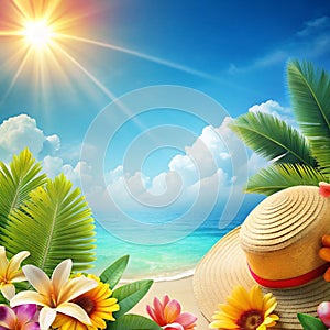 Palm leaves frame a sunny beachscape where the ocean meets a clear sky