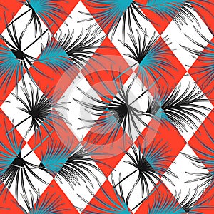 Palm leaves and harlequin rhombs seamless vector pattern.