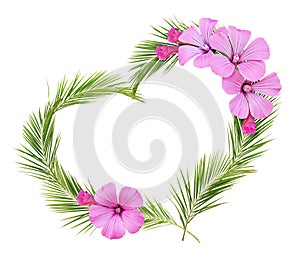 Palm leaves heart shape arrangement with pink wild flowers