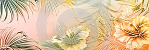 palm leaves, hibiscus flowers, gold foil accents, luxury background