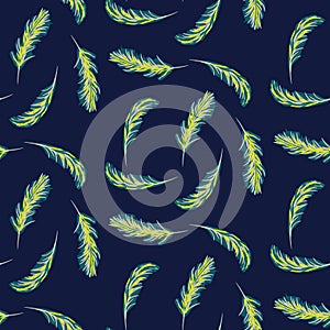 Palm leaves navy blue seamless vector pattern.