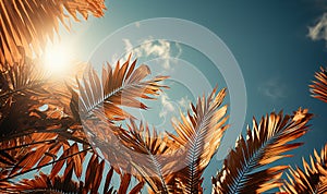 Palm leaves oin the sky with sepia tones.Palm tree with coconut, retro style photo. Summer travel destination. Fluffy