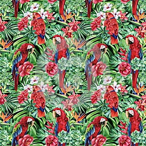 Palm leaves and parrot red macaw. Watercolor wildlife illustration, seamless pattern, jungle design
