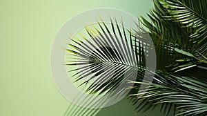 palm leaves with shadow on green background with copy space for design element