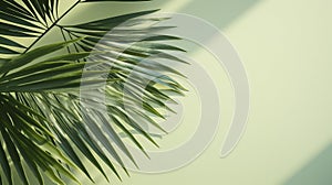 palm leaves with shadow on green background with copy space for design element