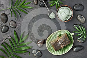 Palm leaves,  stones and  spa clay  on gray background