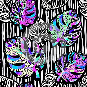 Palm leaves summer funky seamless pattern.