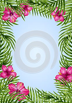 Palm leaves and tropical flower background.