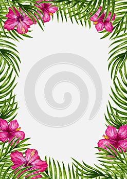 Palm leaves and tropical flower background