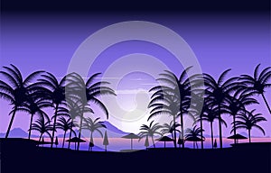 Palm Night Seminyak Beach Dream Land Vacation Landscape View Illustration