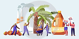 Palm Oil Producing Industry Concept with Workers Collecting Fruits, Processing Factory with Pipes Emitting Smoke, Pollutant Gas