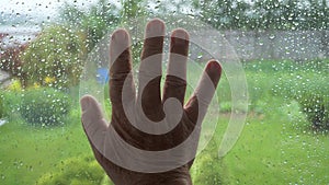 Palm Of Old Man Hand Touches Window Glass In Rain With Drops On Glass Close Up