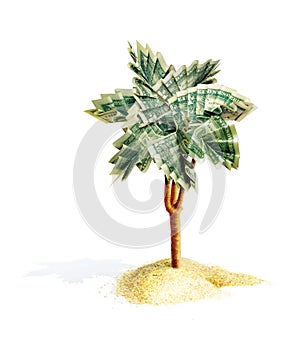 Palm origami with leaves, folded from dollar bills. The money tree grows from a pile of sand. 3d illustration. Isolated on white