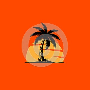 palm tree silhoute in sunset with tropical island
