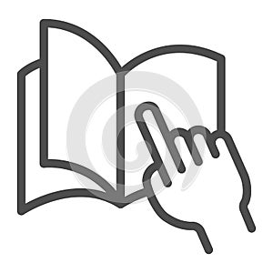 Palm points to a page in a notebook line icon, concept, education open book with hand pointing sign on white background