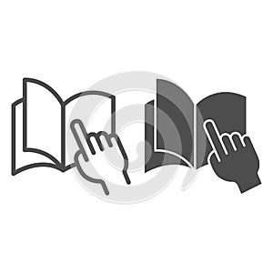 Palm points to a page in a notebook line and solid icon, concept, education open book with hand pointing sign on white