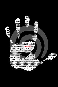 Palm print hand with binary code texture and red inscription Internet