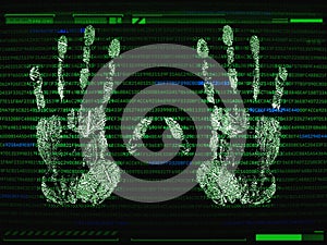 Palm print recognition and access concept. Security software by biometric data. Identification by hand prints scanning. Two photo