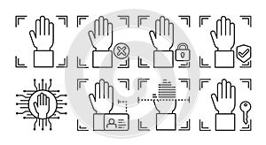 Palm print scan black line icons set. Concept of: verifying person, blocked user, security, approved, ai, id, scanning, unlock