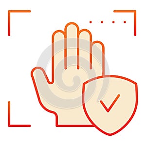 Palm recognition approved flat icon. Verification palmprint accepted red icons in trendy flat style. Hand biometric