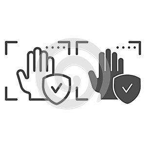 Palm recognition approved line and glyph icon. Verification palmprint system accepted vector illustration isolated on