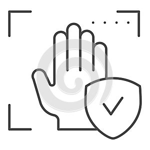 Palm recognition approved thin line icon. Verification palmprint system accepted vector illustration isolated on white
