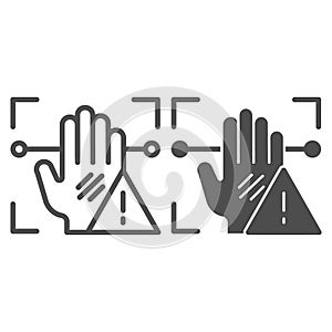 Palm recognition attention line and glyph icon. Palmprint scan alarm vector illustration isolated on white. Hand photo