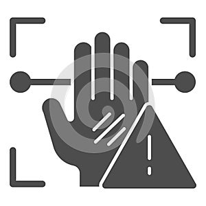 Palm recognition attention solid icon. Palmprint scan alarm vector illustration isolated on white. Hand verification photo