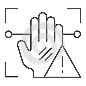 Palm recognition attention thin line icon. Palmprint scan alarm vector illustration isolated on white. Hand verification