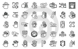 Palm scanning icons set outline vector. Biometric signature