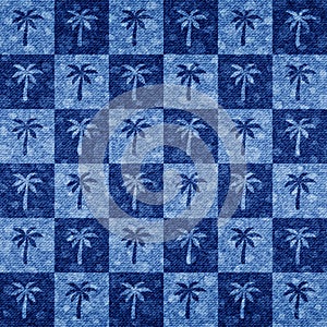 Palm seamless pattern. Repeating palm trees pattern. Shibori coconut tree. Blue color background. Repeated tropical texture for de