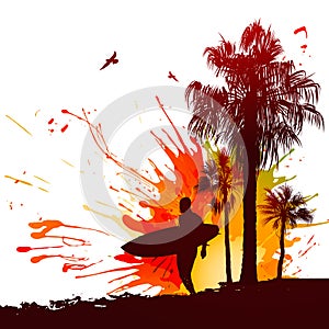 Tropical background with silhouettes of surfer and palm trees