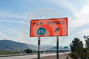 Palm Springs, California, Highway 111 Orange Construction Sign on Interstate 10 I-10