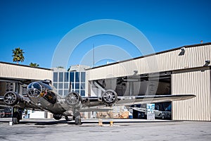 Palm Springs, California, USA - 2.2022 - Open hanger with airplanes at the Air Museum.