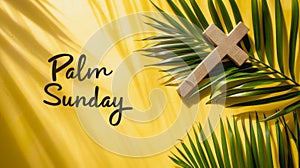 Palm Sunday background. Christian religious holiday. Wooden cross and palm leaf