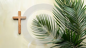 Palm Sunday background. Christian religious holiday. Wooden cross and palm leaf