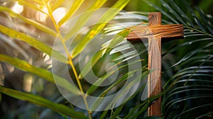 Palm Sunday background. Christian religious holiday. Wooden cross and palm leaf